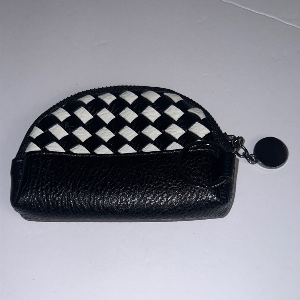 Checkered Woven Black and White Vegan Leather Keychain